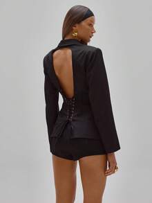 MUSERA Woven Tailored Lace Up Open Back Blazer Party Sexy Night Out Elegant Occasion Valentines Bridal Wedding Engagement Spring - Black - View 4