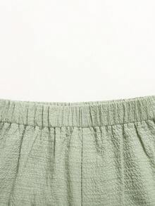 Girlism Setelan Camisole dan Celana Pendek Minimalis untuk Liburan Musim Panas, Warna Polos, Bertekstur, dengan Detail Ruffle di Bagian Bawah, untuk Anak Perempuan Remaja. - Biru - View 5
