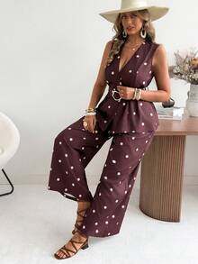 Ceyna Plus Size Women's Classic Retro Polka Dot Vest And Wide Leg Pants Set Summer Holiday Outfits - Brown - View 5