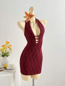 Elamini Women's Sexy & Romantic Deep V-Neck Lace Halter Short Dress, Wine Red, Spring/Summer - Burgundy - View 4