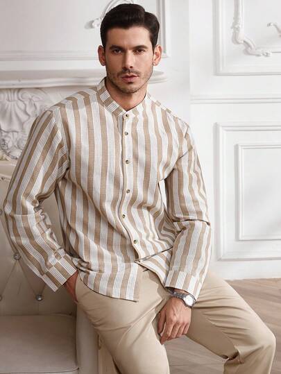 Core Aspect 男士立领长袖衬衫长裤套装，男士条纹长袖衬衫套装，送给丈夫和男友的礼物，送给朋友的礼物，适合日常外出、朋友聚会、休闲周末，INS热销衬衫