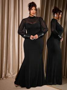 Cravure Christmas Plus Size Women's Elegant Party Knit Vertical Striped Semi-Sheer Sleeve Stand Collar Black Fitted Dress, Autumn - Black - View 5