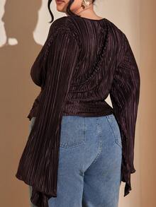 SHEIN BAE Spring/Summer Long-Sleeved Pleated Shirt Set For Dates And Outings - Plus Size - Brown - View 7