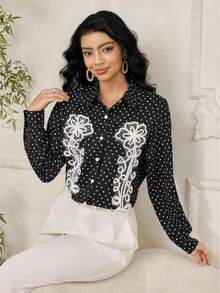 Modelyn Fashionable New Polka Dot Embroidered Black Blouse For Women - Black - View 4