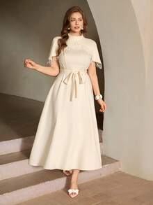 Roveilla 大码女式纯色立领/中立领/披肩领水钻条纹腰部A字短袖两用长连衣裙，杏色，优雅法式复古正式办公通勤休闲度假下午茶街头风简约百搭复古澳式休闲聚会情人节约会春夏新款 - 杏色 - 查看 7