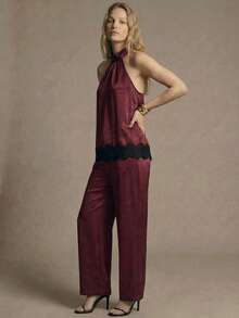 Maija Women's Contrast Lace Pleated Halter Top And Pants Fashion 2 Pieces Set - Burgundy - View 5