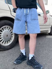 SHEIN Tween Boy Fashion Homecoming Streetwear Mix And Match Versatile Design Vintage Cool Street Drawstring Design All-Elastic Waistband Blue Loose-Fitting Denim Shorts For Dailywear And Spring To Summer Rave Festival And Streetwear Summer Shorts Jeans Short Baggy Jeans - Blue - View 4