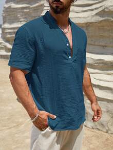 HIMLAND 男士休闲日常通勤简约纯色V领短袖上衣，夏季 - 藍色 - 查看 6