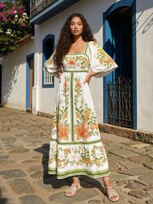 CAJUNI Vestido casual de mujer con cuello cuadrado, mangas con volantes y estampado floral - Multicolor - Ver 4