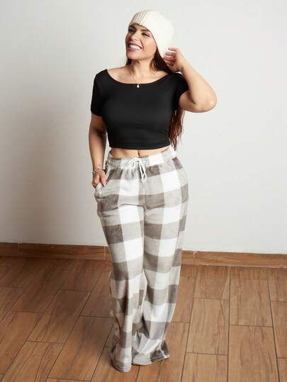 Lupita Cardoza 女士秋冬街头服饰复古返校休闲前系带格子口袋羊毛长裤