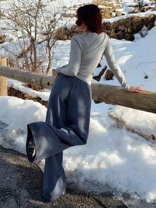 Abrilcols 秋冬新款休闲宽松弹力腰阔腿运动裤加厚保暖内衬百搭修身 - 深灰色 - 查看 2