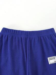 SHEIN Casuvi Kids 2pcs/Set Tween BoysSummer Outfit, Tween Boys Waffle Texture 2-Piece Set, Top Is A Casual Navy Blue Hooded Short Sleeve Sports T-Shirt With White Knit Fabric On Sleeves And Print, Bottom Is A Waffle Texture Sports Style Long Pants With White Graphic Print, Casual Sports Style Outfit Suitable For Daily Wear, Sports, Vacation, Holidays - Royal Blue - View 9