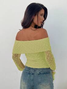 Aloruh Women's Casual Commuter Solid Color Textured Off-Shoulder Top - Green - View 2