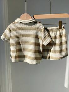 SHEIN 2件套男女宝宝夏季度假休闲条纹短袖polo衫和短裤套装 - 彩色 - 查看 2