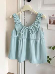 GlowEve Sleeveless Pleated Bow Tie Strap Ruffle Hem A-Line Women Blouse Shirt - Mint Green - View 1