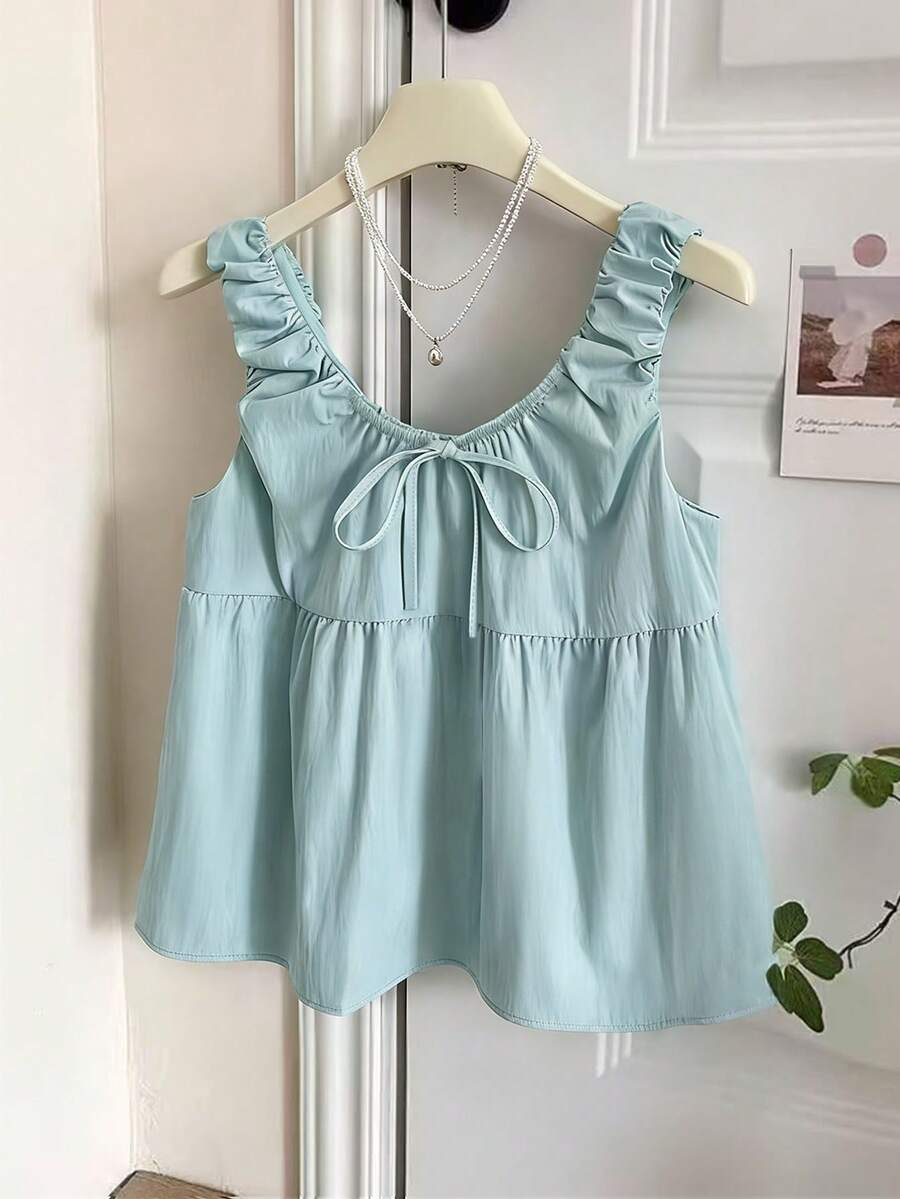 GlowEve Sleeveless Pleated Bow Tie Strap Ruffle Hem A-Line Women Blouse Shirt - Mint Green - View 1