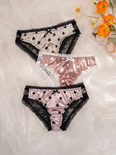 PetitDoll 3pcs/Pack Women's Heart Print Lace Patchwork Comfortable Cotton Panties