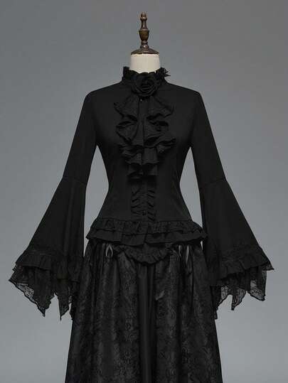 EDITION Blusa da donna con maniche a sbuffo e orlo in pizzo, stile gotico, adatta per outfit di Ognissanti