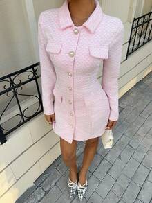 Elegant miniklänning med knappar framtill, lämplig för pendling - Rosa - Visa 4