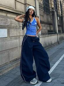 Coolane Pantalones de paracaídas con bloques de color para salir y conciertos de primavera y verano para mujeres - Azul - Ver 5