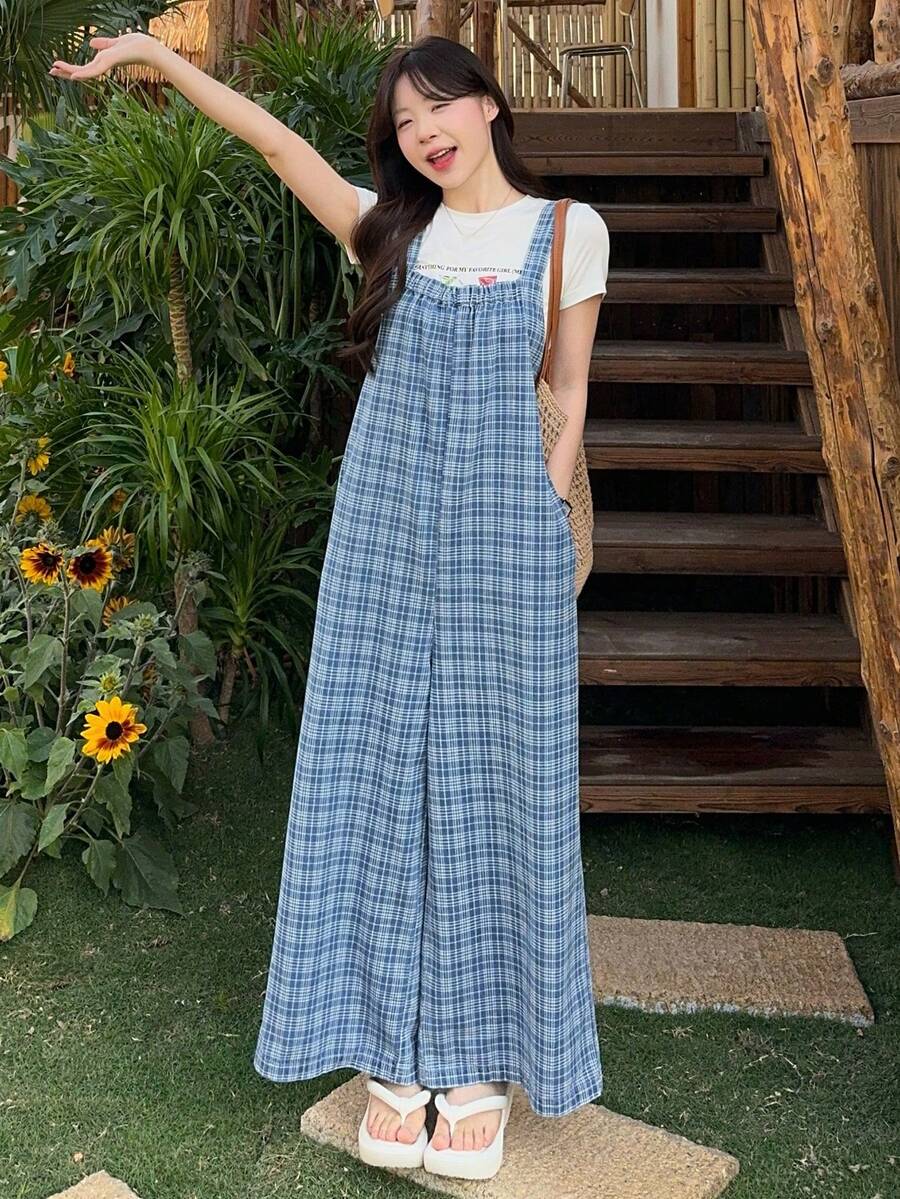 DAZY Pantalones de peto de mezclilla con estampado a cuadros lavado casual para mujer - Azul lavado medio - Ver 1