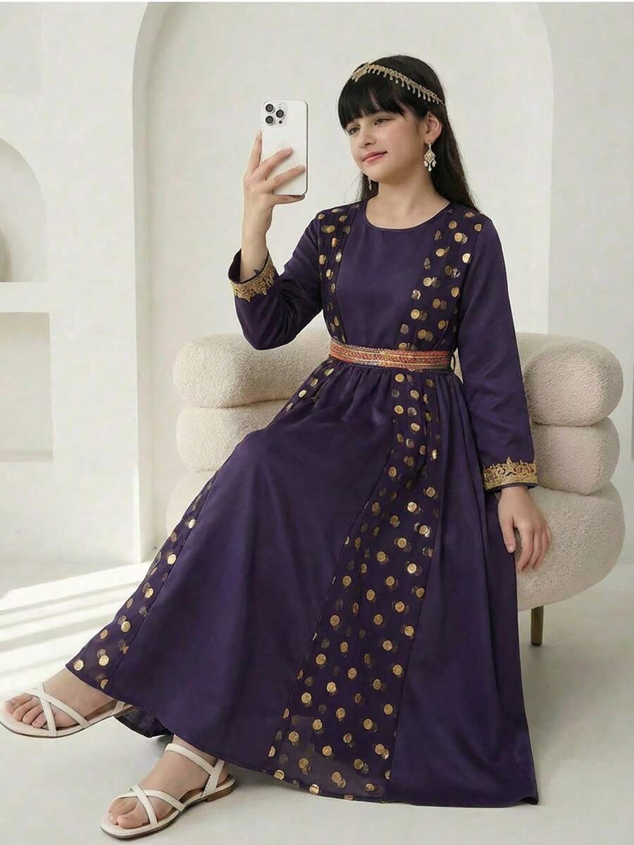 SHEIN Teen Girl Gold Polka Dot Round Neck Long Sleeve Casual Dress, Suitable For Daily Wear, Commute And School, Spring/Summer - Royal Blue - View 1