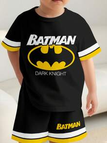 BATMAN X SHEIN Young Boy Letter Graphic Striped Trim Tee & Shorts - Multicolor - View 2