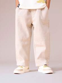 SUMWON 男童宽松阔腿牛仔裤，带侧袋，松紧腰带，舒适贴身，适合日常穿着和度假。 - 卡其色 - 查看 4