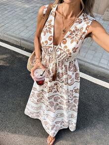 Breezaya Women's White And Brown Paisley Printed Maxi Dress,Boho Sleeveless V-Neck Fringe Rope A-Line Summer Vacation Holiday Dress,Vintage Elegant Beach Gown - Multicolor - View 6