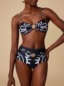 Écloséra Women's 2-Piece Simple Line Pattern Printed Shell Decor Spaghetti Strap Top And High Waist Triangle Bikini Set - Black and White - View 1