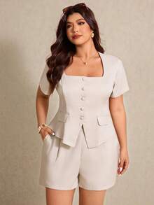 Elaquor Plus Size Summer Elegant White Semi Formal 2 Piece Shorts Set Women's Solid Color Shirt & Shorts Office Wear Casual Formal Outfit Spring Clothes - Apricot - View 1