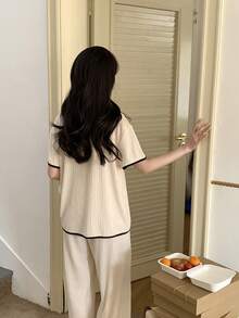 青少年女孩愛心圖案短袖單排扣上衣與長褲家居服套裝 - 杏色 - 查看 2