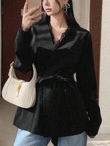 DAZY Blazer élégant à manches longues avec dentelle contrastante de couleur unie pour femmes - Noir - Voir 3