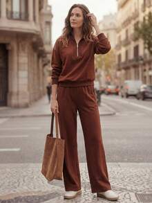 Écloséra Fashionable, Loose-Fitting Ribbed Collar, Center Zipper, Ribbed Cuffs And Hem, Drop Shoulder Sleeves, Sweatshirt With Elastic Waistband, Slanted Pockets, Loose-Fitting Trousers, Thermal Lined Sweatshirt Fabric, Back-To-School Season Sweatshirt Set, Brown Autumn/Winter Women's Two-Piece Set, Women's Suit, Elegant Women's Suit, Women's Winter Wear, Women's Elegant Suit, Casual Outfit For Women, Brown Suit