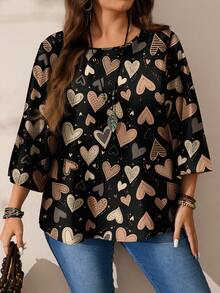 EMERY ROSE 大码女式休闲印花圆领宽松七分袖衬衫/情人节 - 彩色 - 查看 3