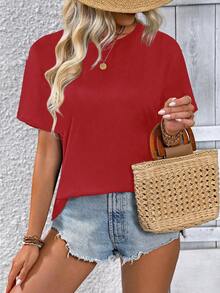 SHEIN Holidaya Women's Solid Color Round Neck Short Sleeve Casual T-Shirt With Back Slit - Red - View 2