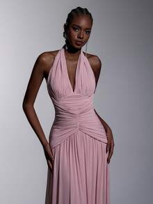 Elitara Elegant, , Fashionable Orange Elastic Mesh Halter Neck Ruched Decor A-Line Dress, Graceful Party Wedding Guest & Bridesmaid - Watermelon Pink - View 4
