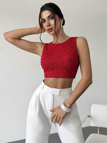 Firerie Women's Apricot Crew Neck Sleeveless Backless T-Shirt Top, Textured Fabric Top, Summer Top, Women's Casual Vacation Top - Red - View 9