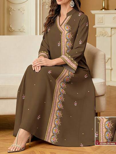 SHEIN Najma Women's Shiny Faux Diamond Print V-Neck Long Sleeve Dress, Elegant For Spring/Summer