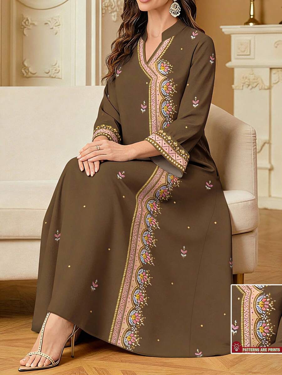 SHEIN Najma Women's Shiny Faux Diamond Print V-Neck Long Sleeve Dress, Elegant For Spring/Summer - Multicolor - View 1