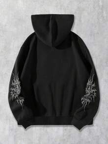 ROMWE MEN Goth 男士哥特印花拉链抽绳连帽卫衣 - 黑色 - 查看 2