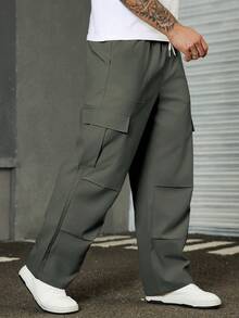 Manfinity Homme Pantalones cargo casuales de unicolor para hombres de talla grande - Gris - Ver 4