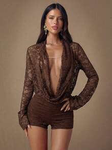 SHEIN BAE Bộ jumpsuit ren cổ khoét sâu gợi cảm thời trang dành cho nữ - Cà phê nâu - Xem 5
