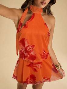 SHEIN BAE Đầm ngắn cổ yếm, viền bèo nhún in hoa dành cho nữ, kiểu dáng đi nghỉ mát. - trái cam - Xem 5