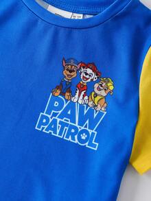 SHEIN | PAW Patrol 2pcs/Set Young Boy Letter & Cartoon Pattern Color Block Round Neck Short Sleeve T-Shirt And Shorts Set - Blue - View 7