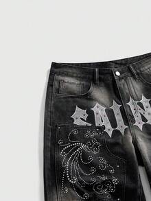 ROMWE MEN 男士时尚休闲街头水钻刺绣水洗牛仔短裤 - 黑色 - 查看 7