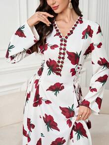 Yasmyna 女士印花V领腰带设计优雅阿拉伯连衣裙 - 彩色 - 查看 7