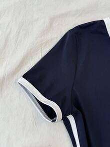 少女海军蓝白撞色滚边数字印花休闲街头风短袖T恤 - 寶藍色 - 查看 5