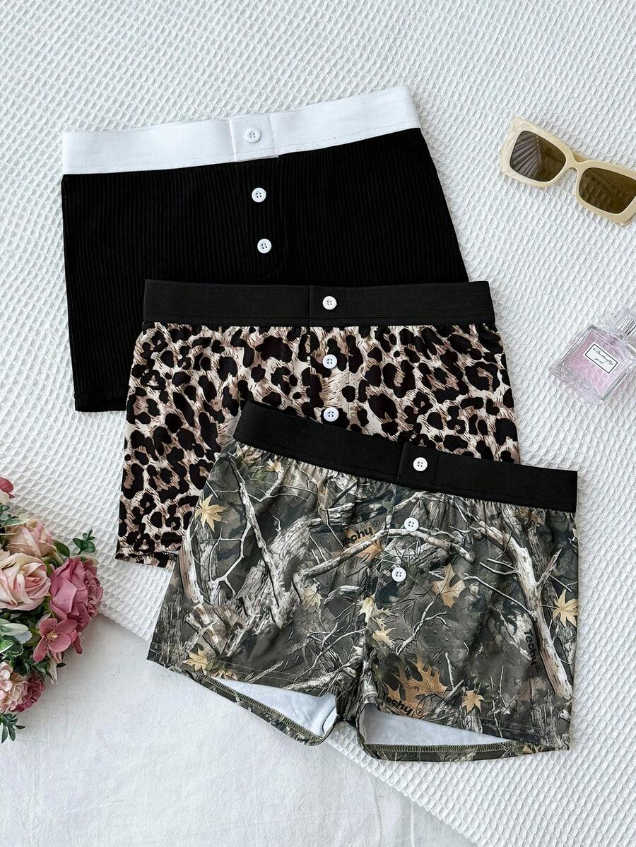 SHEIN Bộ 3 món quần short dệt kim in họa tiết trang trí có cúc dành cho thiếu nữ, kiểu dáng ôm sát, phối màu tương phản. - Nhiều màu - Xem 1