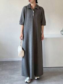 FRIFUL Women's Solid Color Polo Collar Loose Casual Long Dress - Grey - View 4